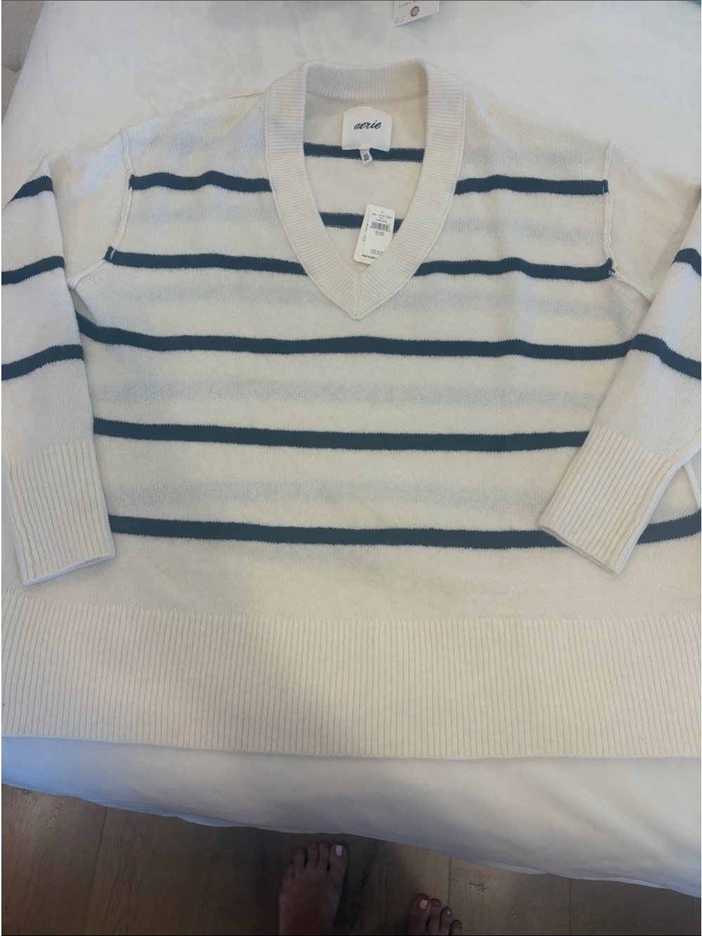 aerie Women’s Cream V-Neck Sweater with Navy Stripes